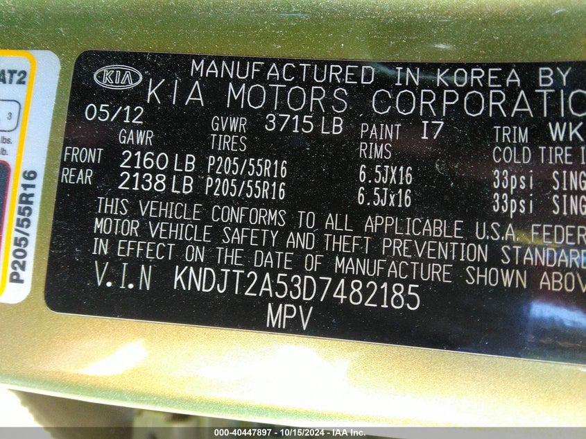 2013 Kia Soul VIN: KNDJT2A53D7482185 Lot: 40447897