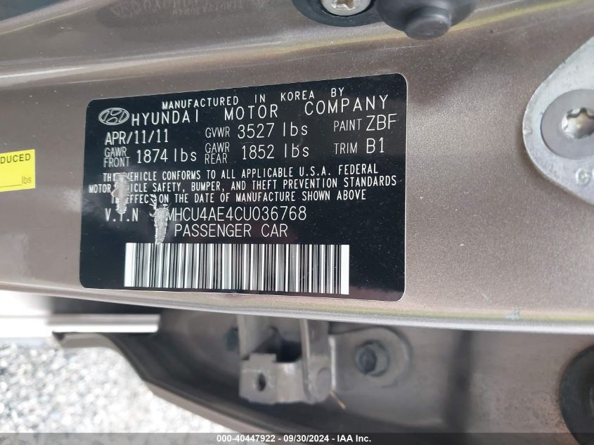 KMHCU4AE4CU036768 2012 Hyundai Accent Gls/Gs/Se