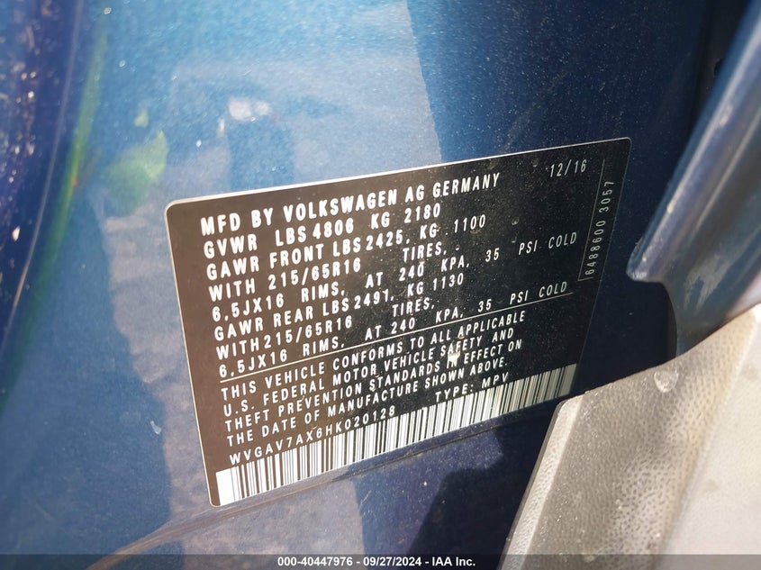 VIN WVGAV7AX6HK020128 2017 VOLKSWAGEN TIGUAN 2.0T/2.0T S