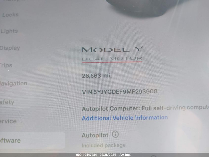 2021 Tesla Model Y VIN: 5YJYGDEF9MF293908 Lot: 40447984