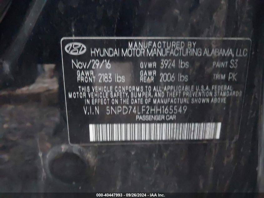VIN 5NPD74LF2HH165549 2017 HYUNDAI ELANTRA SE