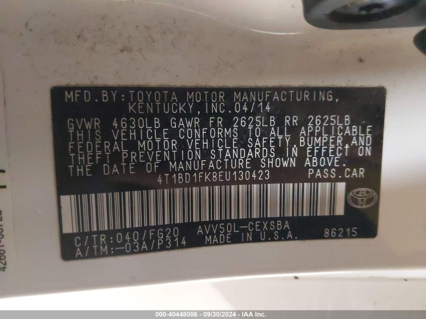 4T1BD1FK8EU130423 2014 Toyota Camry Hybrid Se Limited Edition