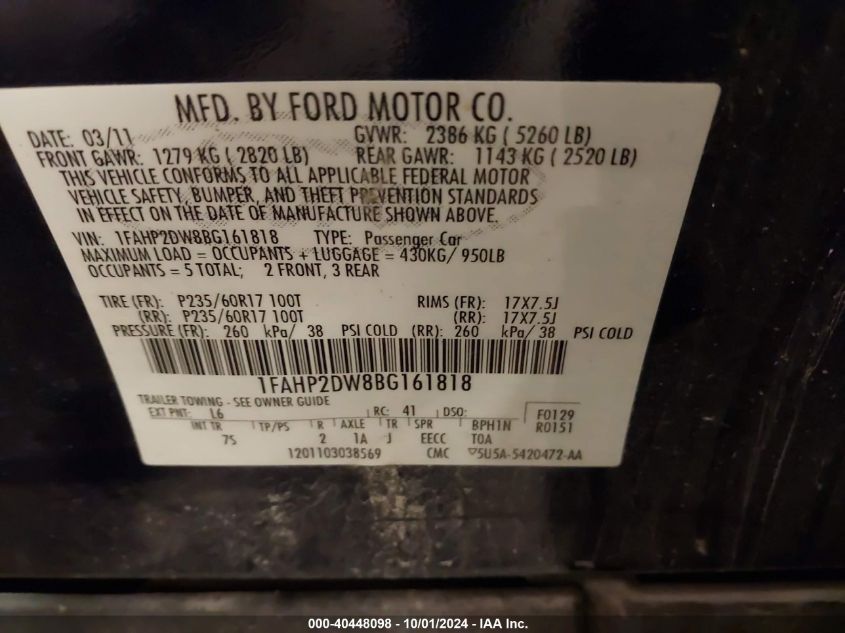 1FAHP2DW8BG161818 2011 Ford Taurus Se