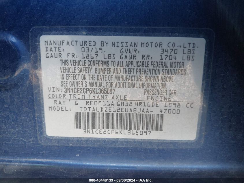 3N1CE2CP6KL365097 2019 Nissan Versa Note Sv