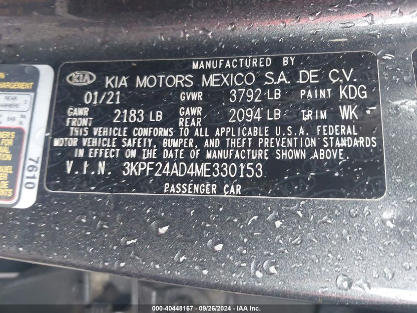 2021 Kia Forte Lxs VIN: 3KPF24AD4ME330153 Lot: 40448167