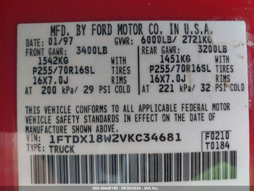 1997 Ford F-150 Lariat/Xl/Xlt VIN: 1FTDX18W2VKC34681 Lot: 40448189