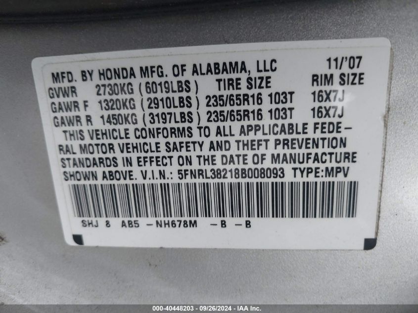 2008 Honda Odyssey Lx VIN: 5FNRL38218B008093 Lot: 40448203