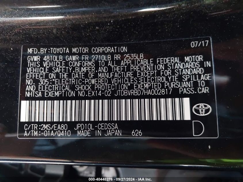 2017 Toyota Mirai VIN: JTDBVRBD7HA002817 Lot: 40448276