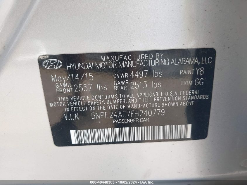 2015 Hyundai Sonata Se VIN: 5NPE24AF7FH240779 Lot: 40448303