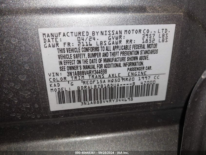 2024 Nissan Sentra S Xtronic Cvt VIN: 3N1AB8BV4RY344698 Lot: 40448361