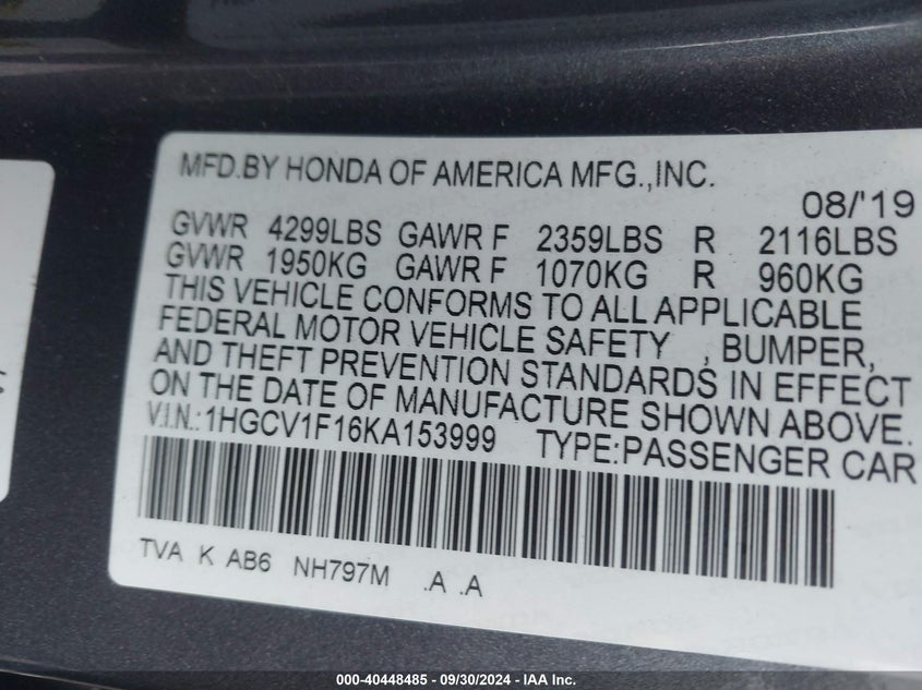 VIN 1HGCV1F16KA153999 2019 HONDA ACCORD LX