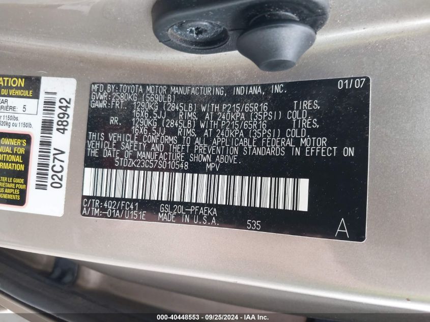 5TDZK23C57S010548 2007 Toyota Sienna Le