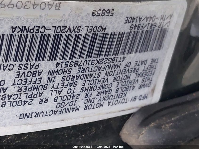 4T1BG22K31U783514 2001 Toyota Camry Le