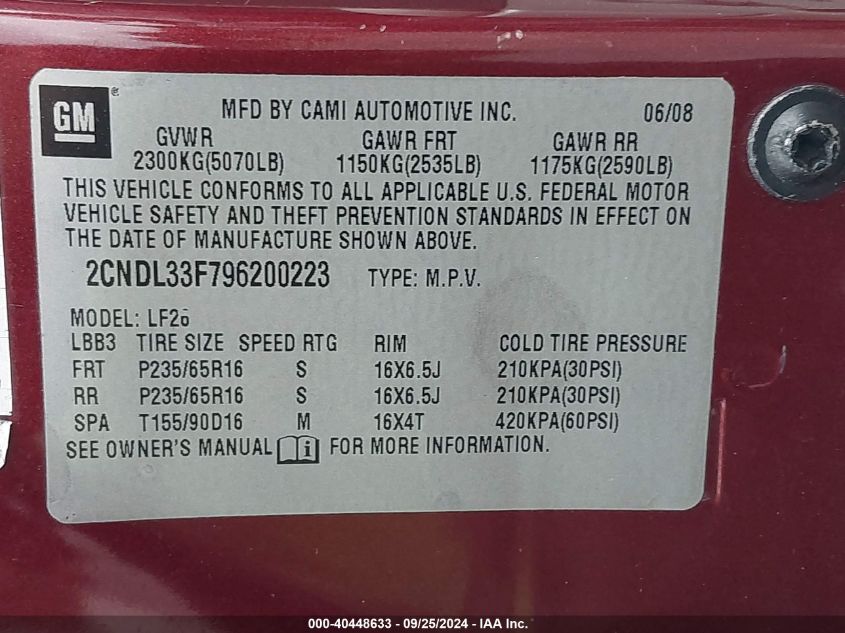 2CNDL33F796200223 2009 Chevrolet Equinox Lt