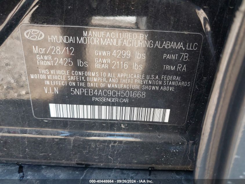 5NPEB4AC9CH501668 2012 Hyundai Sonata Gls