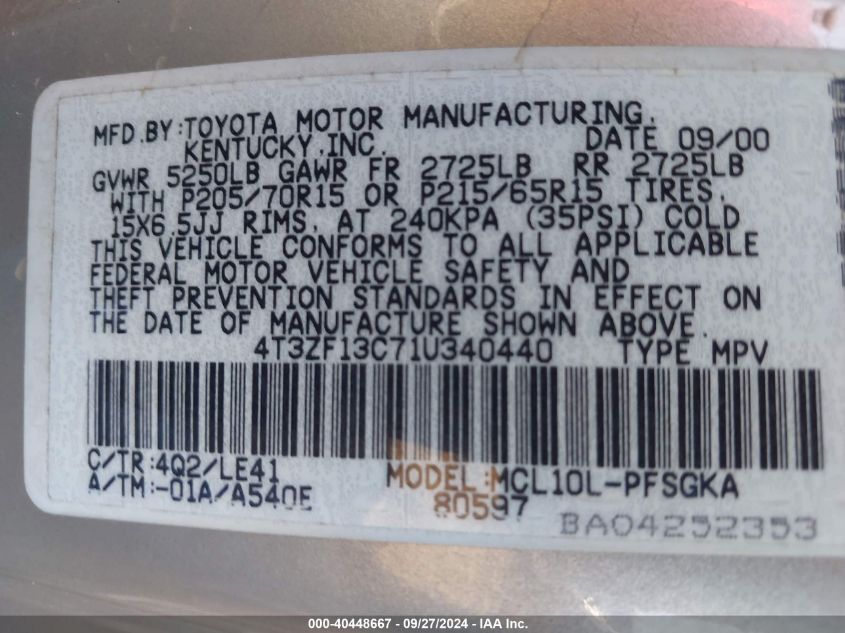 4T3ZF13C71U340440 2001 Toyota Sienna Xle