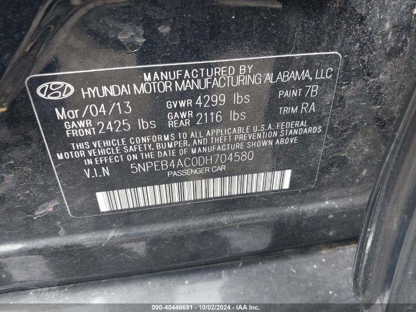 5NPEB4AC0DH704580 2013 Hyundai Sonata Gls