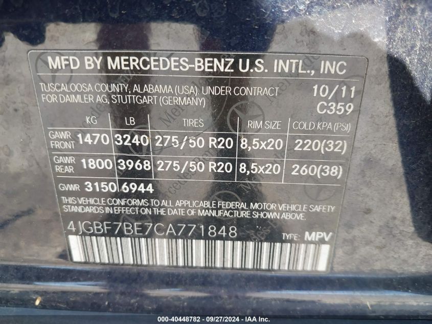 4JGBF7BE7CA771848 2012 Mercedes-Benz Gl 450 4Matic