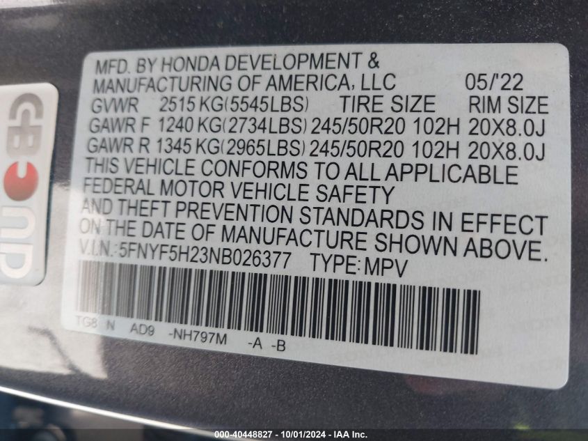 2022 Honda Pilot 2Wd Special Edition VIN: 5FNYF5H23NB026377 Lot: 40448827