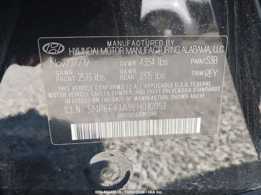 2020 Hyundai Sonata Sel VIN: 5NPEF4JA9LH010052 Lot: 40448839