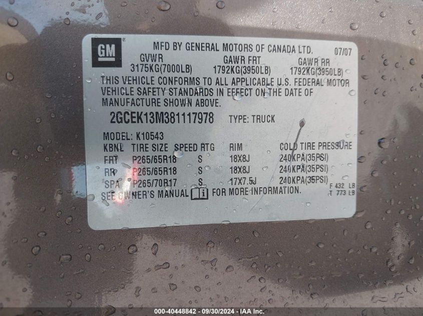 2GCEK13M381117978 2008 Chevrolet Silverado 1500 Lt2