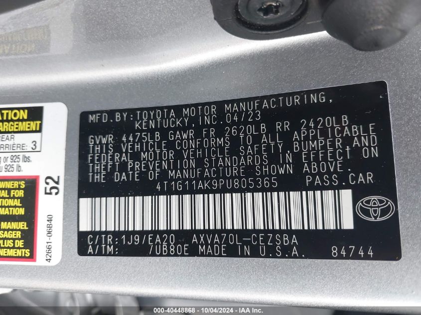 4T1G11AK9PU805365 2023 Toyota Camry Se