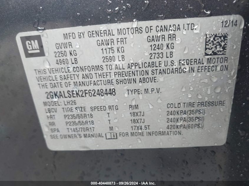 2015 GMC Terrain Slt-1 VIN: 2GKALSEK2F6248448 Lot: 40448873