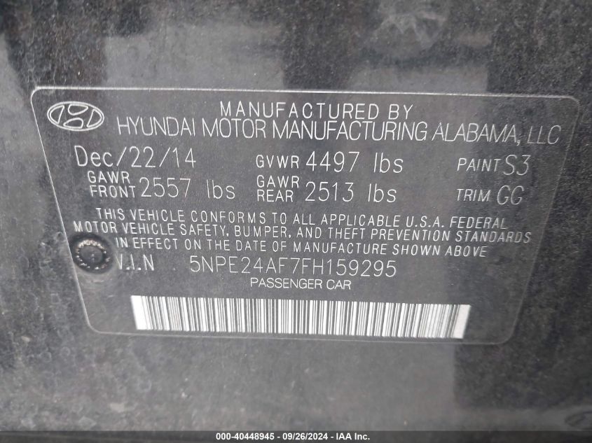 5NPE24AF7FH159295 2015 Hyundai Sonata Se