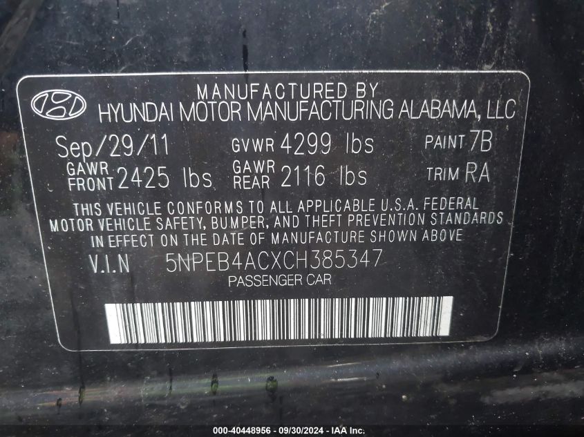 5NPEB4ACXCH385347 2012 Hyundai Sonata Gls