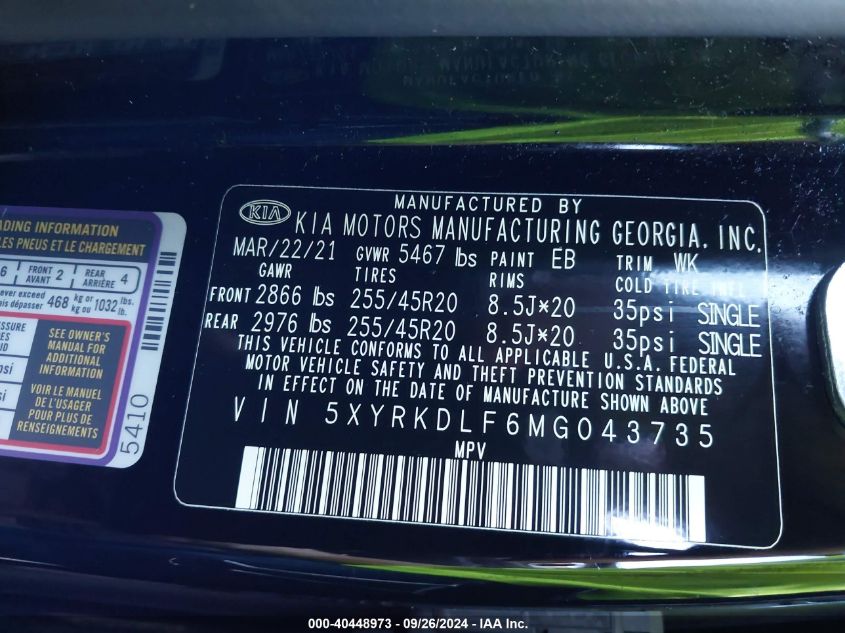 2021 Kia Sorento Sx Prestige VIN: 5XYRKDLF6MG043735 Lot: 40448973