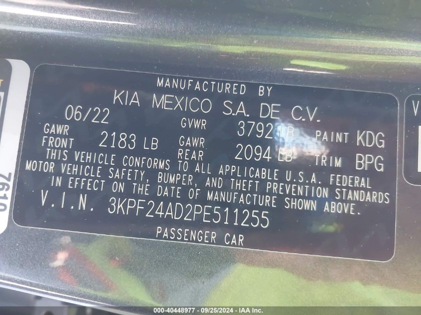 2023 Kia Forte Lx/Lxs VIN: 3KPF24AD2PE511255 Lot: 40448977