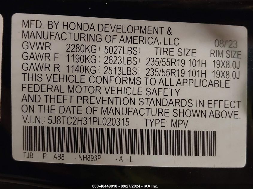 5J8TC2H31PL020315 2023 Acura Rdx Standard