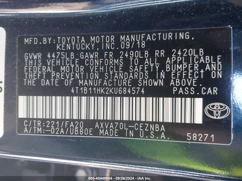 2019 Toyota Camry Le VIN: 4T1B11HK2KU684574 Lot: 40449054