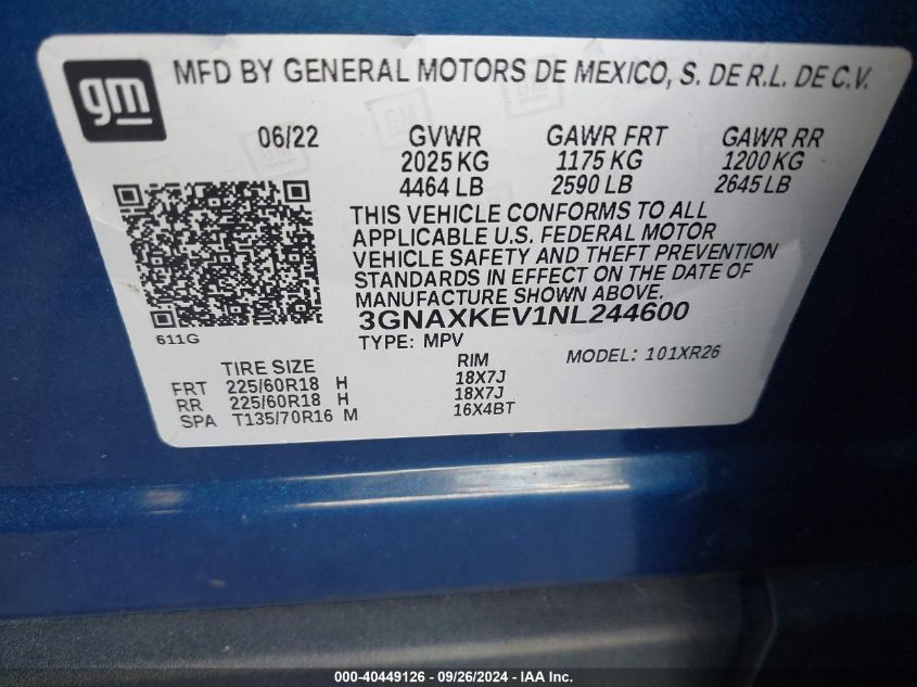 2022 Chevrolet Equinox Lt VIN: 3GNAXKEV1NL244600 Lot: 40449126