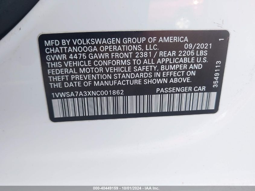 1VWSA7A3XNC001862 2022 Volkswagen Passat Se