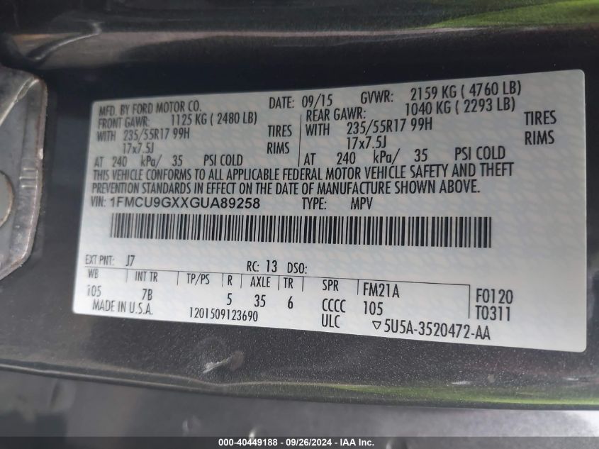 1FMCU9GXXGUA89258 2016 Ford Escape Se