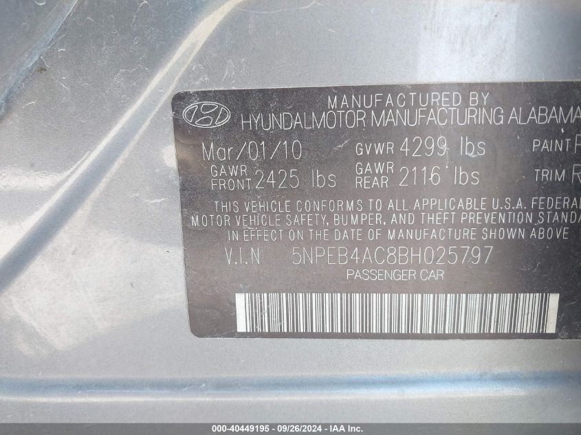 5NPEB4AC8BH025797 2011 Hyundai Sonata Gls