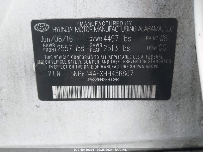 5NPE34AFXHH456867 2017 Hyundai Sonata Sport