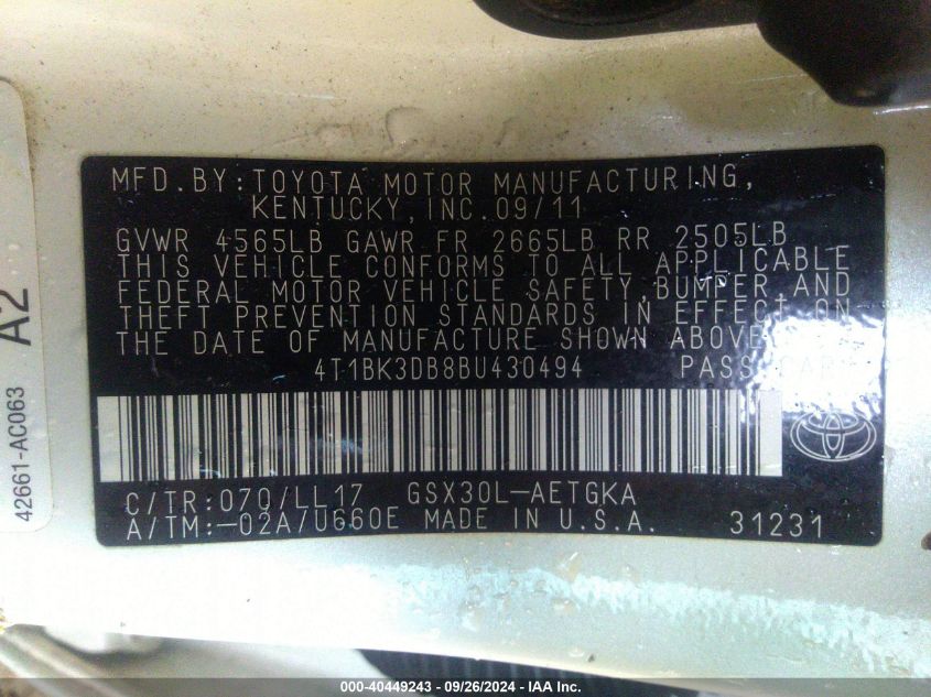 4T1BK3DB8BU430494 2011 Toyota Avalon