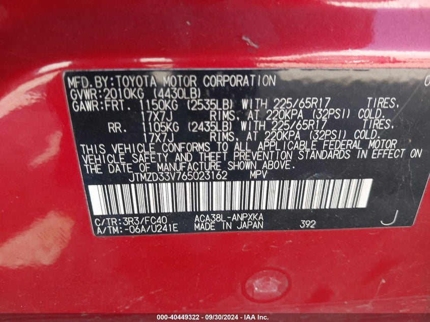 2006 Toyota Rav4 VIN: JTMZD33V765023162 Lot: 40449322