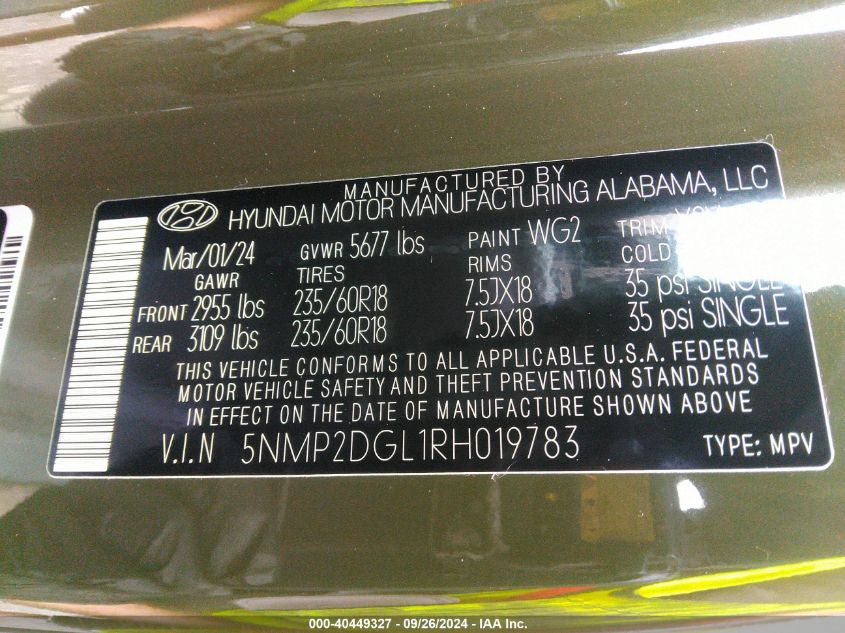 2024 Hyundai Santa Fe Sel VIN: 5NMP2DGL1RH019783 Lot: 40449327