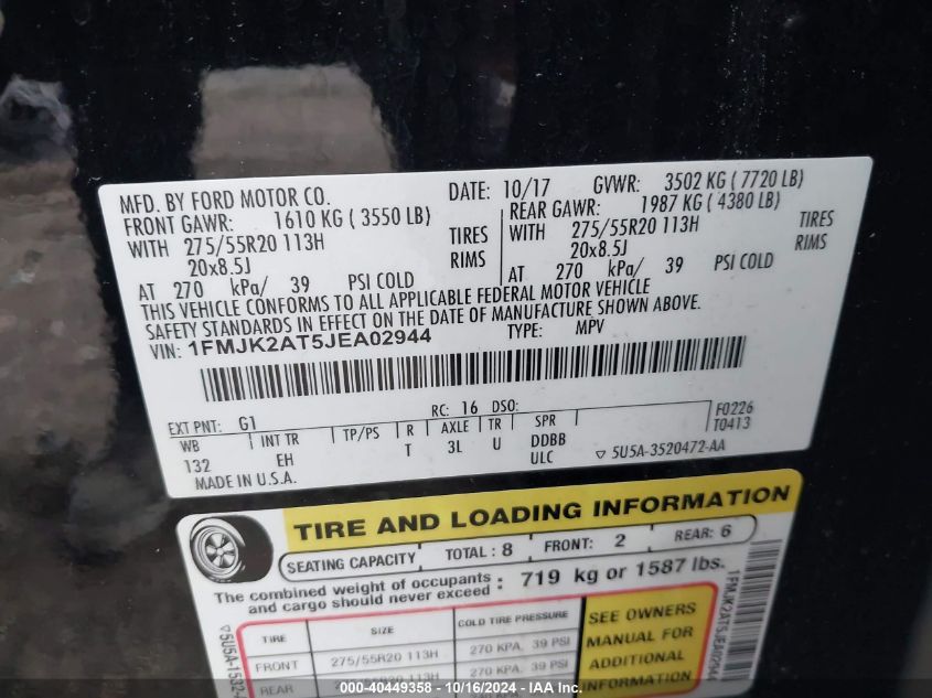 2018 Ford Expedition Max Limited VIN: 1FMJK2AT5JEA02944 Lot: 40449358