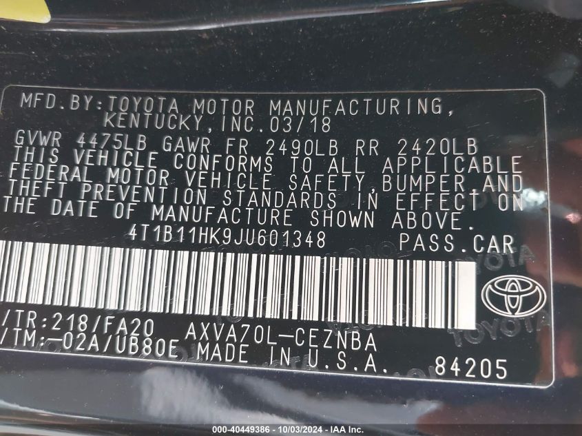 4T1B11HK9JU601348 2018 Toyota Camry Le