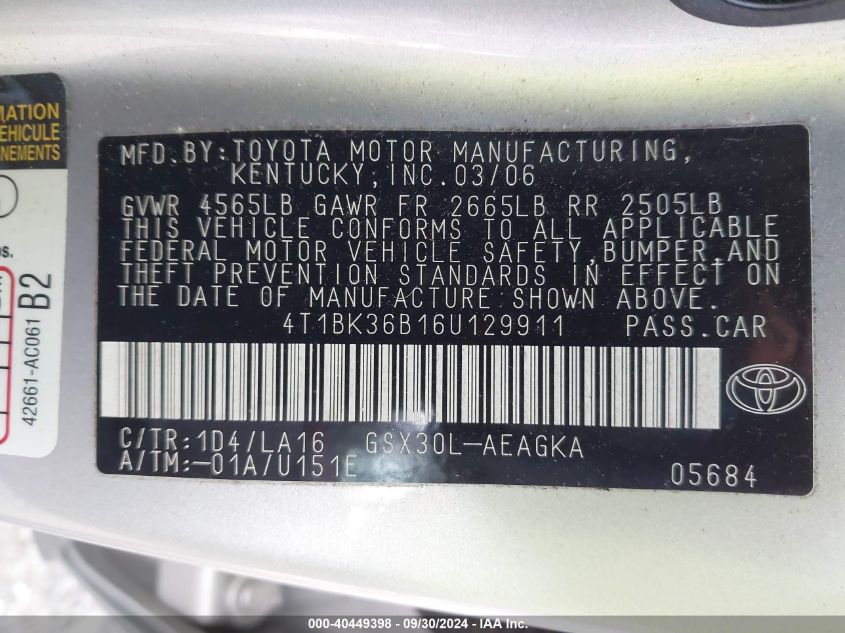 4T1BK36B16U129911 2006 Toyota Avalon Xl/Xls/Touring/Limited