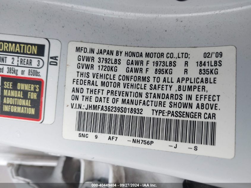 JHMFA36239S018932 2009 Honda Civic Hybrid