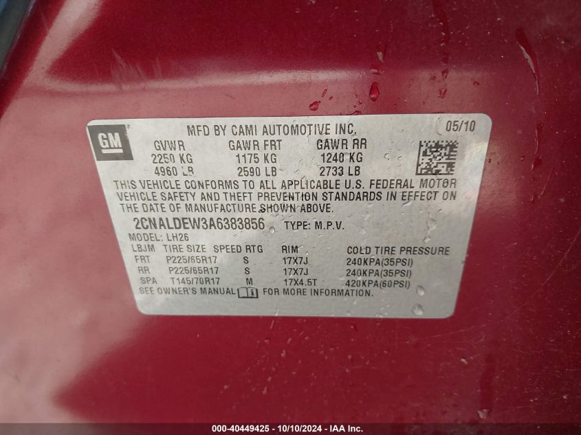 2CNALDEW3A6383856 2010 Chevrolet Equinox Lt