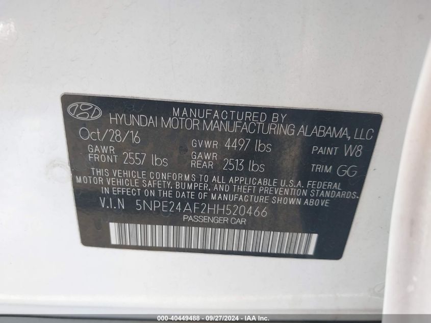 5NPE24AF2HH520466 2017 Hyundai Sonata