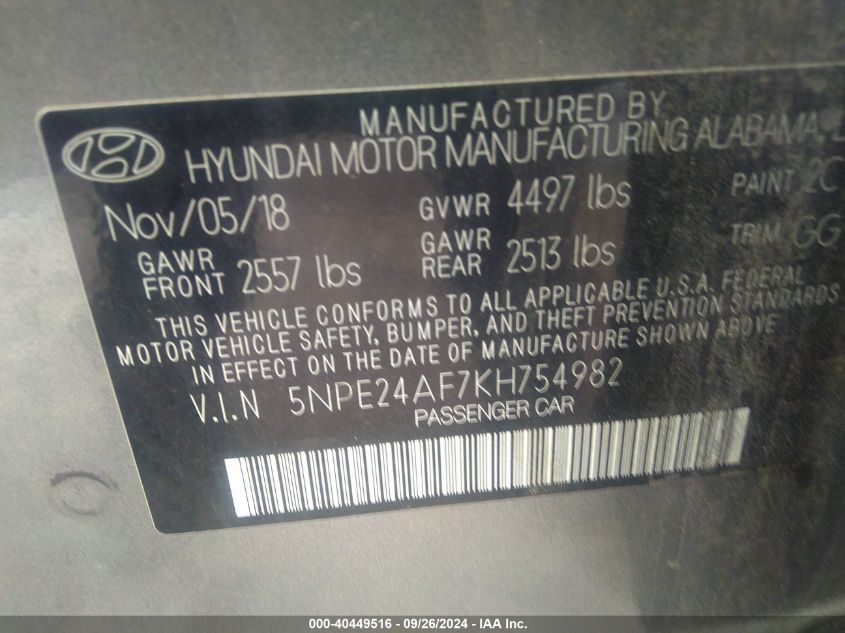 5NPE24AF7KH154982 2019 Hyundai Sonata Se/Sel