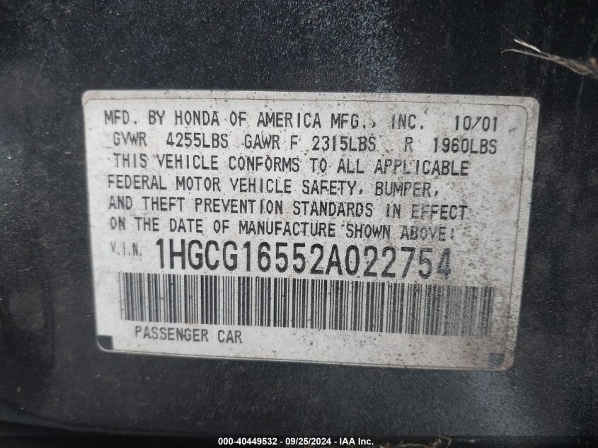 1HGCG16552A022754 2002 Honda Accord 3.0 Ex