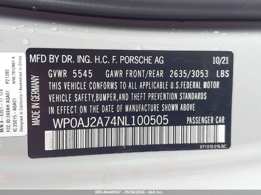 2022 Porsche Panamera 4 VIN: WP0AJ2A74NL100505 Lot: 40449567